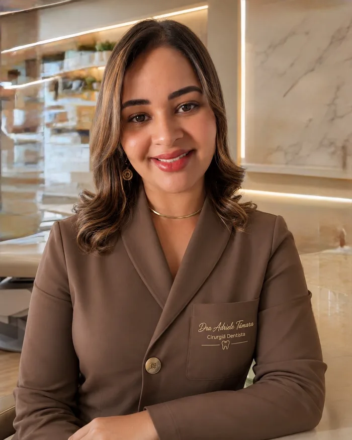 Dra. Adriele Tâmara sorrindo, de blazer marrom, no consultório